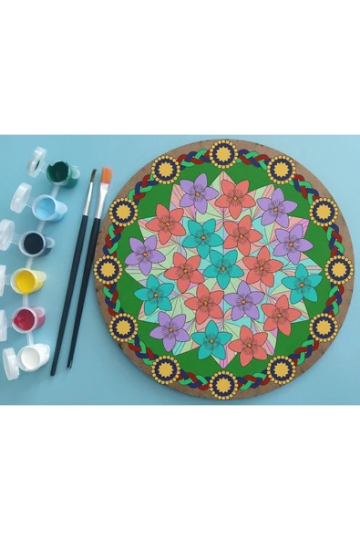 dudu ahşap 2'li Mandala Boyama Seti- OKUL - Aile Etkinliği-2 Ham Mdf Plaka, 6 Renk Boya,2 Fırça Model-30 - 3