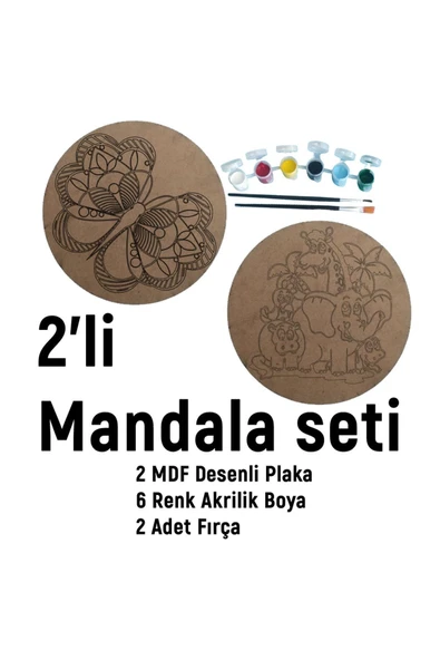 dudu ahşap 2'li Mandala Boyama Seti- OKUL - Aile Etkinliği-2 Ham Mdf Plaka, 6 Renk Boya,2 Fırça Model-45 - 2