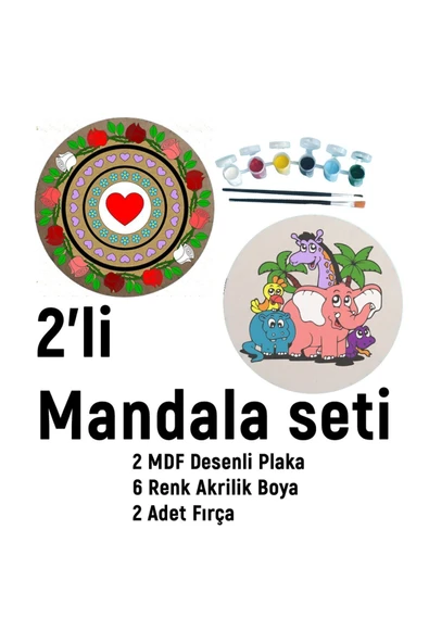 dudu ahşap 2'li Mandala Boyama Seti- OKUL - Aile Etkinliği-2 Ham Mdf Plaka, 6 Renk Boya,2 Fırça Model-48