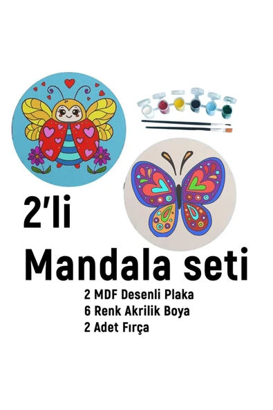 dudu ahşap 2'li Mandala Boyama Seti- OKUL - Aile Etkinliği-2 Ham Mdf Plaka, 6 Renk Boya,2 Fırça Model-18