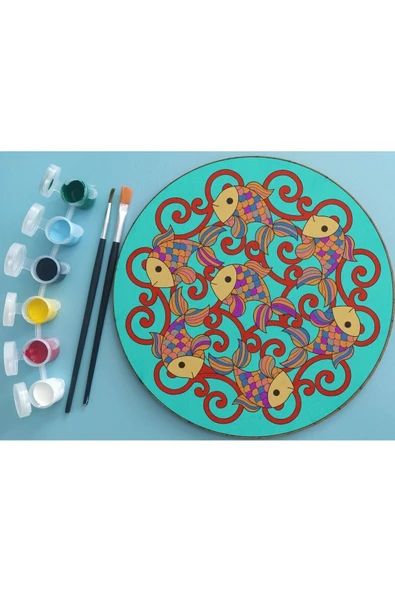 dudu ahşap 2'li Mandala Boyama Seti- OKUL - Aile Etkinliği-2 Ham Mdf Plaka, 6 Renk Boya,2 Fırça Model-31 - 3