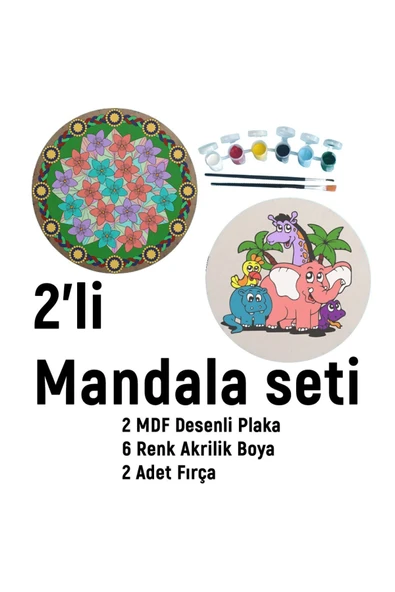 dudu ahşap 2'li Mandala Boyama Seti- OKUL - Aile Etkinliği-2 Ham Mdf Plaka, 6 Renk Boya,2 Fırça Model-46
