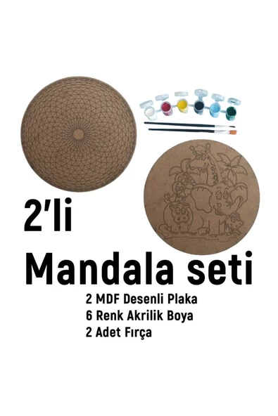 2'li MANDALA BOYAMA SETİ- TATİL ETKİNLİĞİ-2 HAM MDF PLAKA, 6 RENK BOYA,2 FIRÇA MODEL-50 - 2