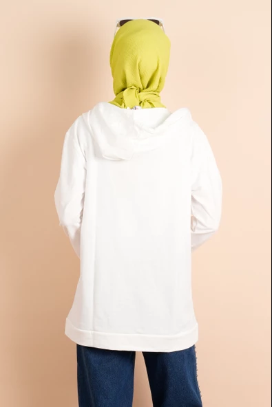 Yıldız Fermuar Detaylı kapüşonlu 2 ip Sweat Ceket Beyaz - 3