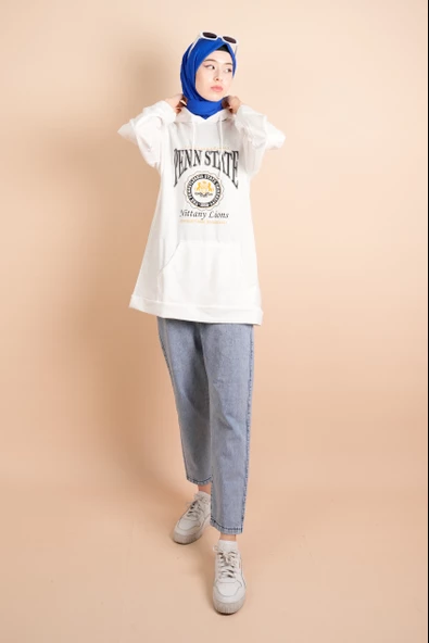 Kapüşonlu Boyun Bağcıklı Sweat Penn Beyaz