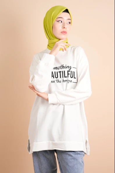 Yırtmaç Detaylı Düz Sweat Something Sweat Beyaz - 4