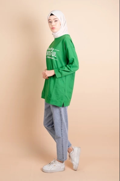 Yırtmaç Detaylı Düz Sweat Something Sweat Yeşil - 2