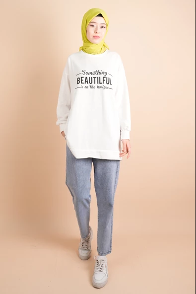 Yırtmaç Detaylı Düz Sweat Something Sweat Beyaz