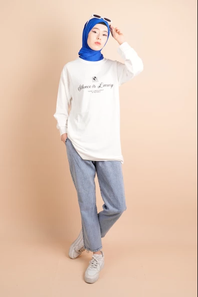 Yırtmaç Detaylı Düz Sweat Slence Beyaz