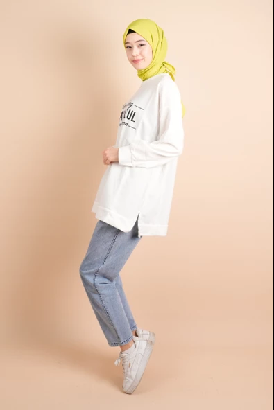 Yırtmaç Detaylı Düz Sweat Something Sweat Beyaz - 2