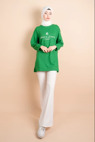 Yırtmaç Detaylı Düz Sweat Slence Yeşil