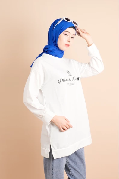 Yırtmaç Detaylı Düz Sweat Slence Beyaz - 2