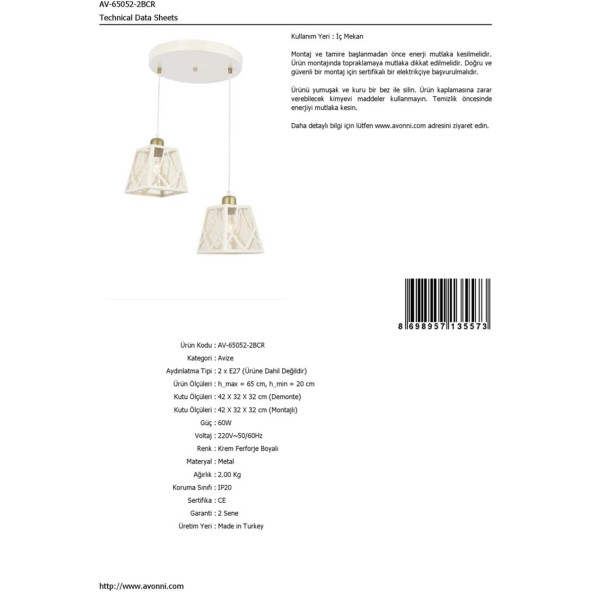 Avonni AV-65052-2BCR Krem Ferforje Boyalı Modern Avize - 3