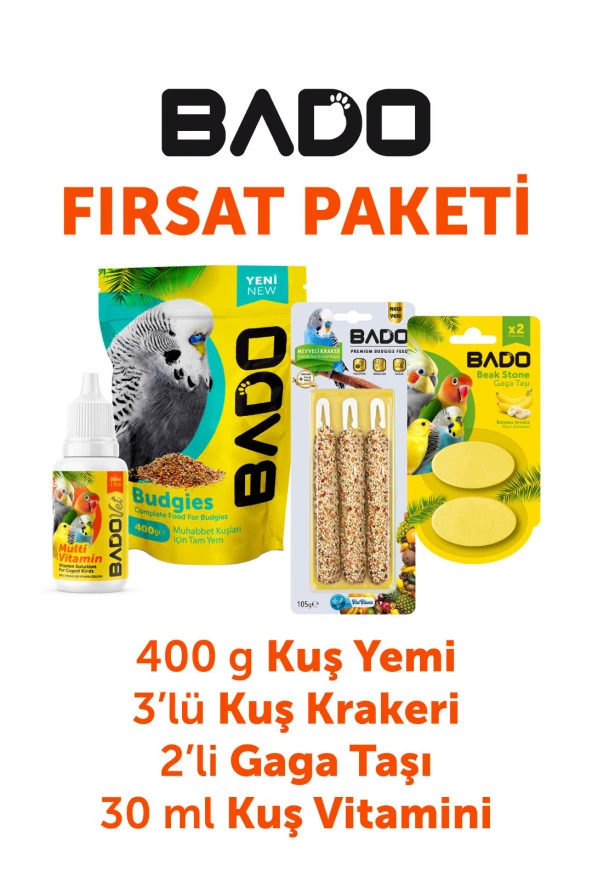 Bado Kuş Tanışma Paketi 4lü(Yem+Vitamin+Kraker+Gaga Taşı)