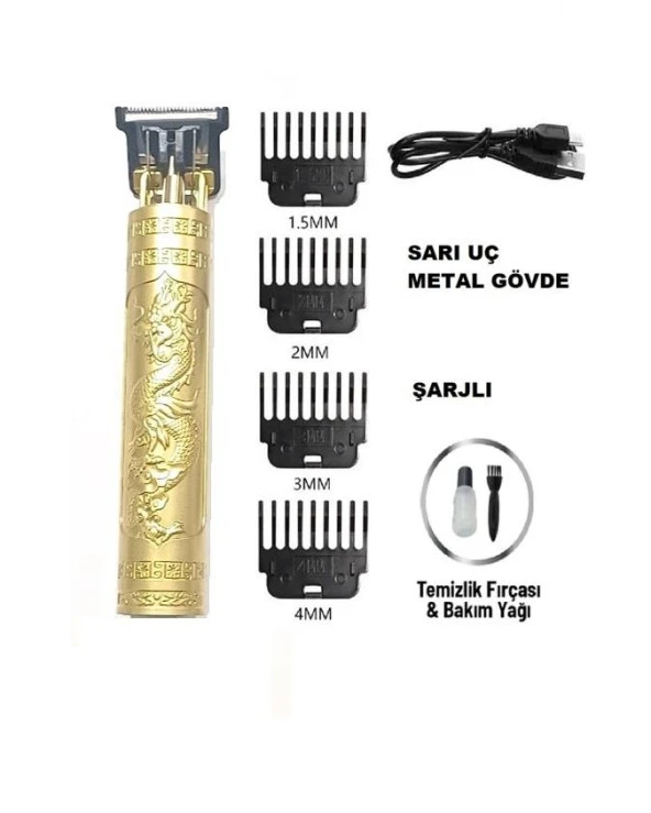 Zhltools Saç Sakal Kesme Traş Makinası Şarjlı Ejderha Motifli T Bıçak Gold - 3
