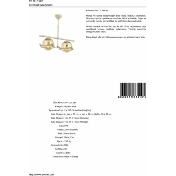 AVONNI AV-4117-2BY Beyaz Boyalı Modern Avize E27 Metal Cam 50x25cm - Resim 3