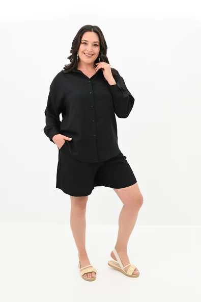 Kadın Büyük Beden Şortlu Keten Takım 8121-25 - 4