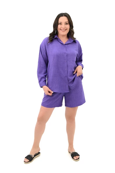 Kadın Büyük Beden Şortlu Keten Takım 8121-25 - 7