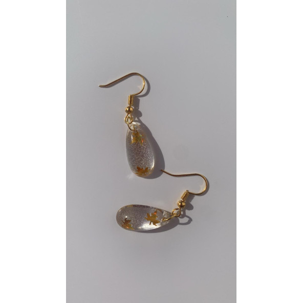 Şeffaf Renkli Gold Yaprak Süslemeli Gold Aksesuarlı Damla Şekil Sallantılı Epoksi Küpe Hediyelik - Resim 3