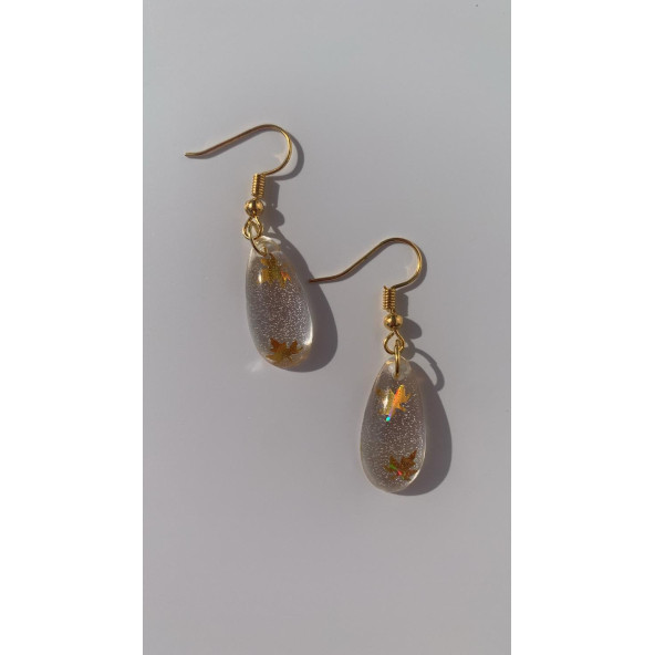 Şeffaf Renkli Gold Yaprak Süslemeli Gold Aksesuarlı Damla Şekil Sallantılı Epoksi Küpe Hediyelik - Resim 4