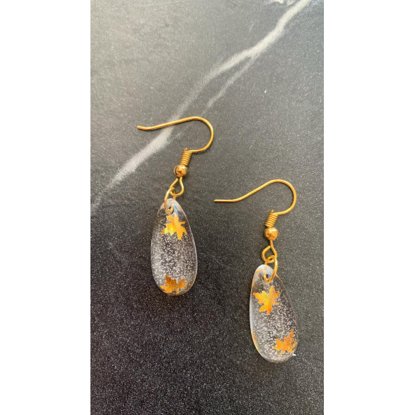 Şeffaf Renkli Gold Yaprak Süslemeli Gold Aksesuarlı Damla Şekil Sallantılı Epoksi Küpe Hediyelik - Resim 5