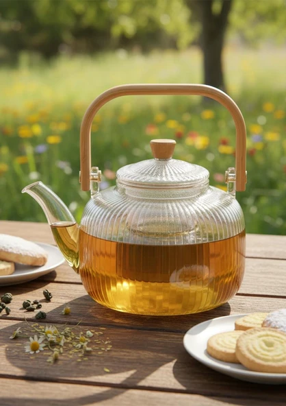 Bambu Saplı Cam Demlik - Cam Çaydanlık - 1 Litre - 2