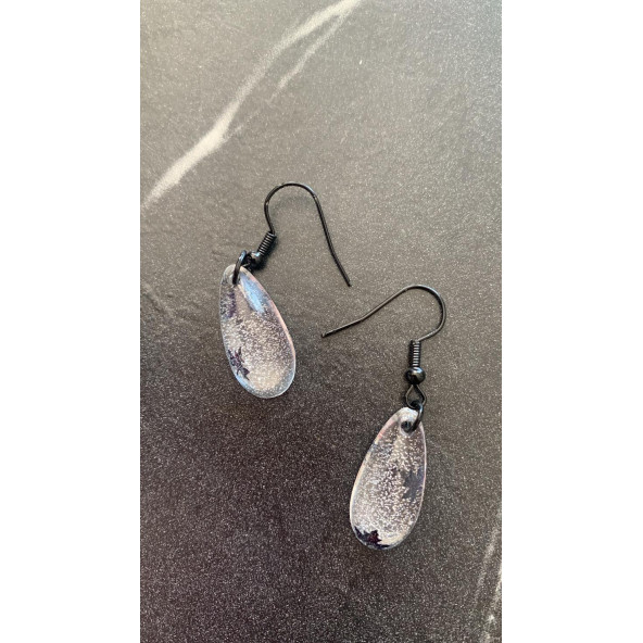 Şeffaf Renkli Siyah Yaprak Süslemeli Siyah Aksesuarlı Damla Şekil Sallantılı Epoksi Küpe Hediyelik - Resim 2