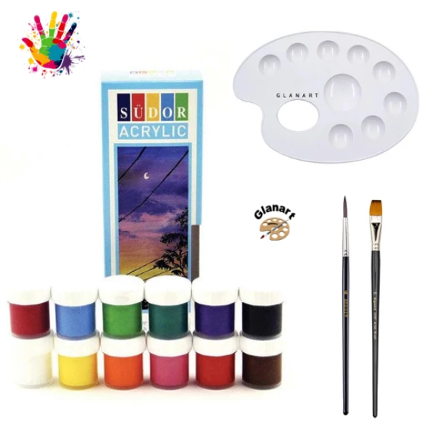 12 renk akrilik boya seti sentetik ipek fırçalı ürün görseli 1
