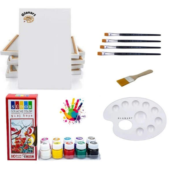 10 renk guaj boya seti 35x50  tuval ipek fırça seti 10x20 ml ürün görseli 1