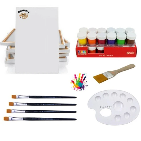 12 renk guaj boya seti 25x35 tuval ipek fırça seti 12x20 ml ürün görseli 1