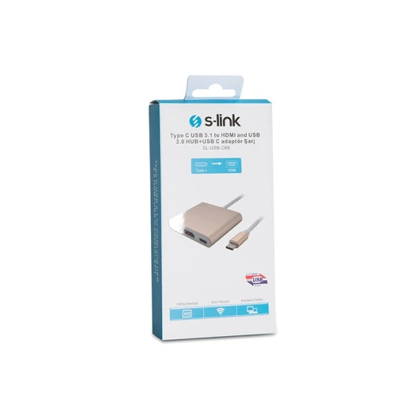 S-LINK SL-USB-C68 0.15metre TYPE-C - HDMI_USB 3.0 Çevirici Adaptör Gold 4K - Resim 4