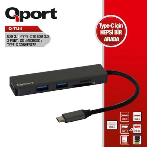 QPORT Q TU4 3port Type-C  USB 3.0 Kart Okuyucu Siyah USB Çoklayıcı Hub