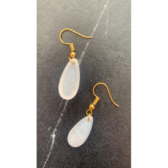 Şeffaf Beyaz Renkli Sedefli Parlak Gold Aksesuarlı Damla Şekilli Sallantılı Epoksi Küpe Hediyelik - Resim 6