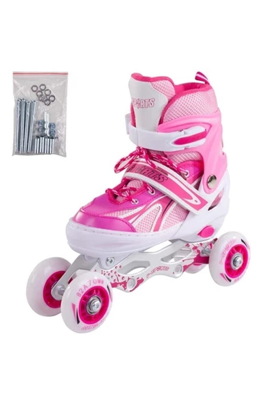 3 F-sports Pembe Ayarlabilir 2+2 Işıklı Metal Alıştırma Pateni Çanta Hediyeli Tek Sıra Paten Freni - 3