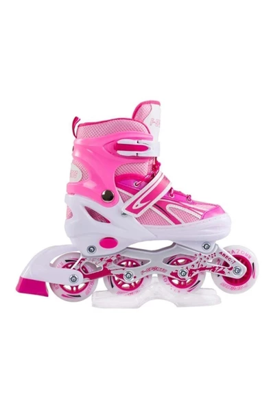 3 F-sports Pembe Ayarlabilir 2+2 Işıklı Metal Alıştırma Pateni Çanta Hediyeli Tek Sıra Paten Freni