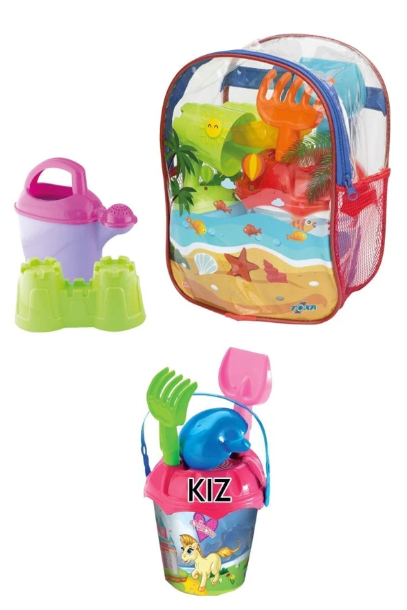 Sırt Çantalı 8 Parça Unicorn Flamingo Baskılı Plaj Deniz Kum Kovası Kova Kürek Tırmık Suluk Seti - 6