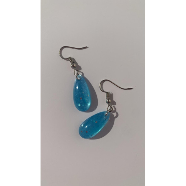 Gök Mavi Renkli Simli Sedefli Parlak Gümüş Aksesuarlı Damla Şekil Sallantılı Epoksi Küpe Hediyelik - Resim 2