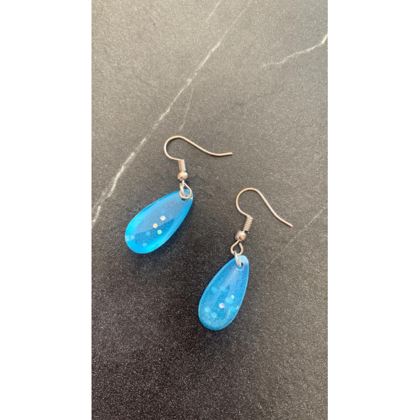 Gök Mavi Renkli Simli Sedefli Parlak Gümüş Aksesuarlı Damla Şekil Sallantılı Epoksi Küpe Hediyelik - Resim 3