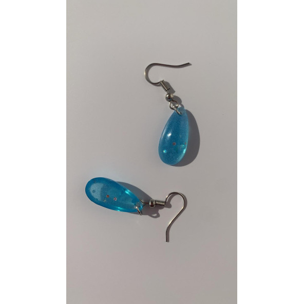 Gök Mavi Renkli Simli Sedefli Parlak Gümüş Aksesuarlı Damla Şekil Sallantılı Epoksi Küpe Hediyelik - Resim 5