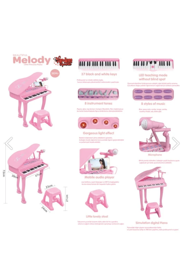 Mikrofonlu 37 Tuşlu Mp3 Çalar Büyük pembe Piyano Oturak ve mikrofon fiyatına dahildir. - 2