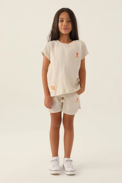 U.s. Polo Assn  US1829 Lisanslı Thick Bej Kız Çocuk Şort Takım