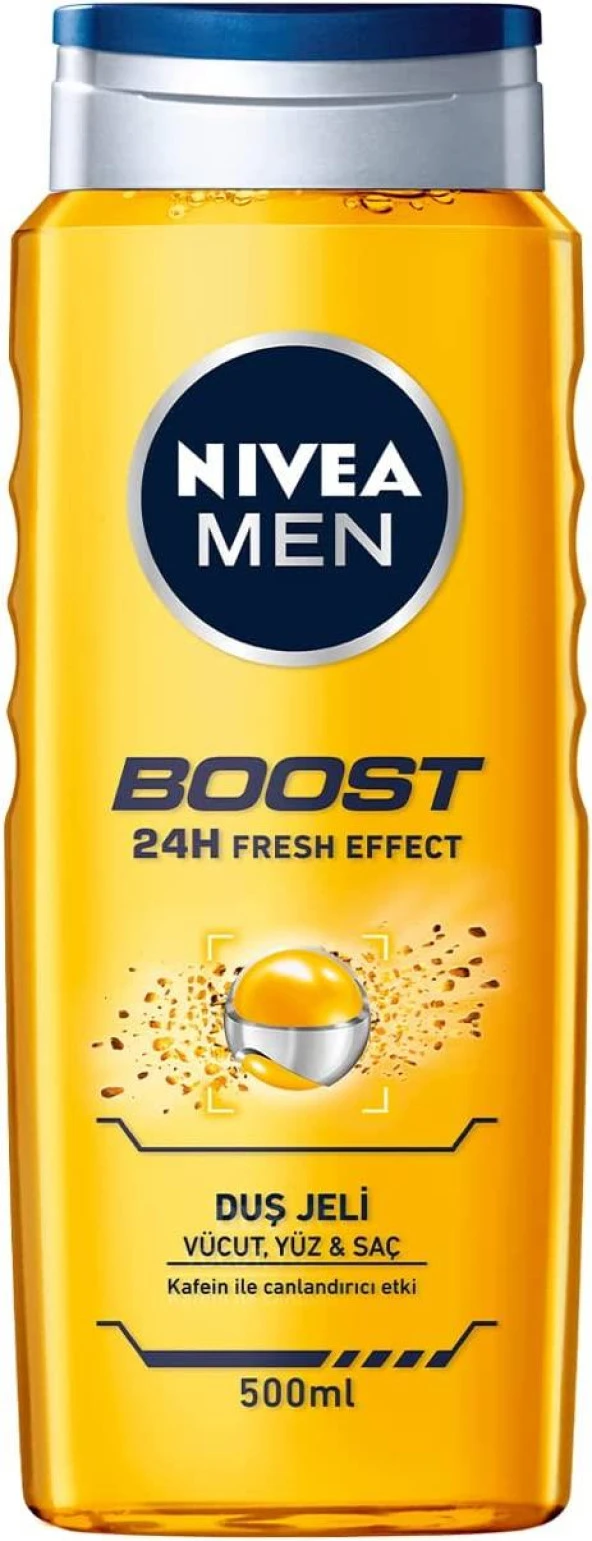 NIVEA Men Boost Duş Jeli 500 ml, 3'ü 1 Arada Komple Bakım, Vücut, Saç ve Yüz için, Kafein ile Canlandırıcı Bakım