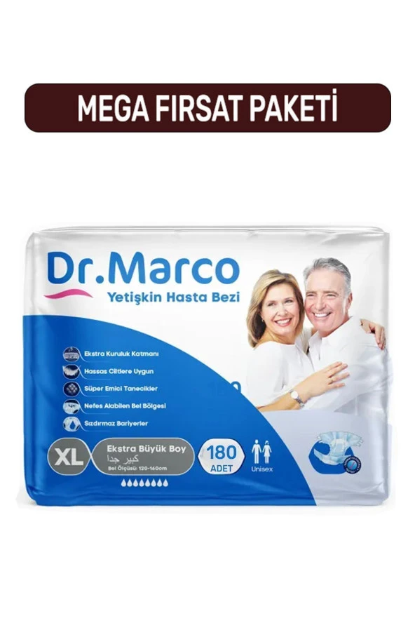 Dr. Marco Yetişkin Hasta Bezi XL Ekstra Büyük Boy 120-160 cm 6 Paket 180 Adet