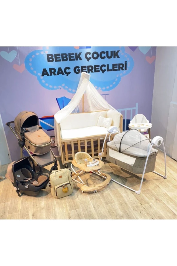 Ahşap Anne Yanı Beşik + Bebek Arabası + Puset + Otomatik Beşik + Yürüteç + Mama Sandalyesi + Çanta