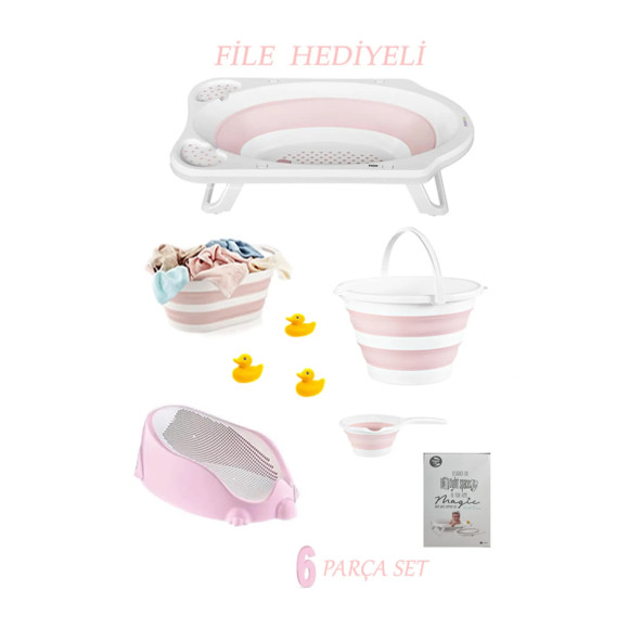 6'lı Bebek Küvet Set (FİLELİ) CM-6 Parça Bebek Banyo Seti Pembe