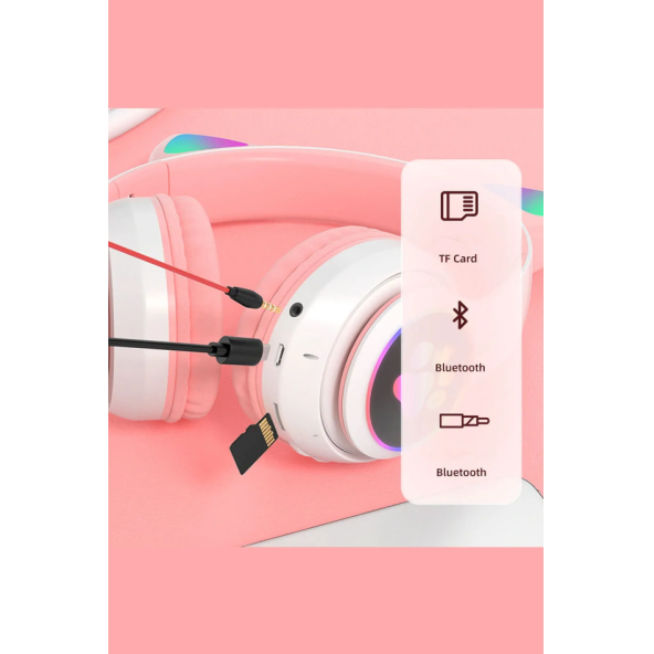 STN-28 Bluetooth LED Işıklı Hafıza Kartı Girişli Kulak Üstü Kedi Kulaklık - 2
