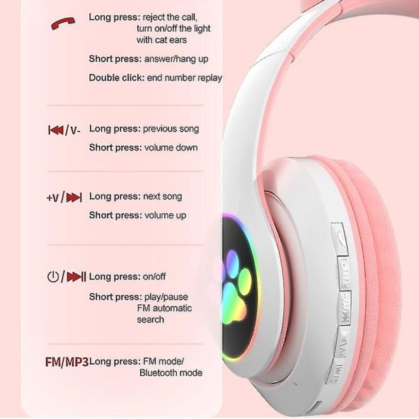 STN-28 Bluetooth LED Işıklı Hafıza Kartı Girişli Kulak Üstü Kedi Kulaklık - 3