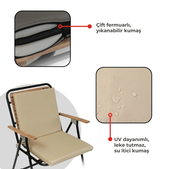 Xpermate Sandalye Minderi Su Itici Kumaş 40X40 cm Sünger Sırtlıklı Sandalye Minderi Bağcıklı Bej1 - 4