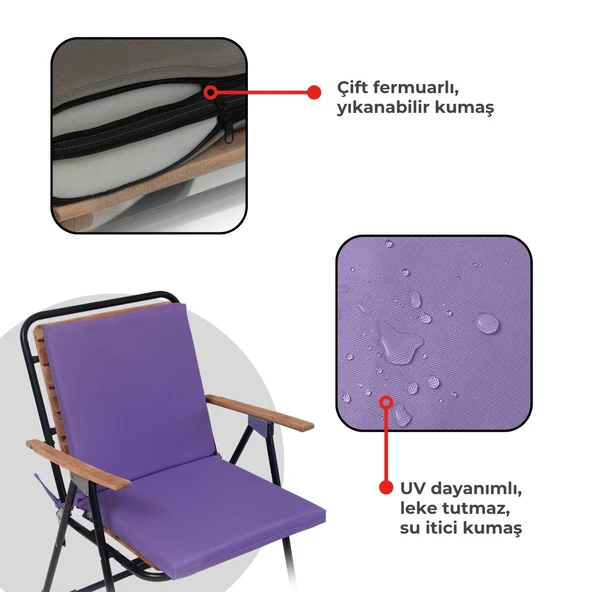 XPERMATE  Sandalye Minderi Su İtici Kumaş 40x40 cm Sünger Sırtlıklı Sandalye Minderi Bağcıklı Mor - 4