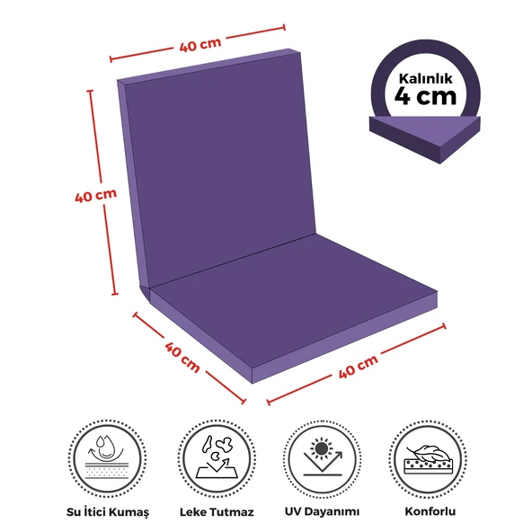 XPERMATE  Sandalye Minderi Su İtici Kumaş 40x40 cm Sünger Sırtlıklı Sandalye Minderi Bağcıklı Mor - 2